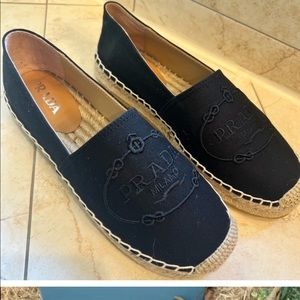 Black designer black canvas Prada espadrilles 1/2 size too small